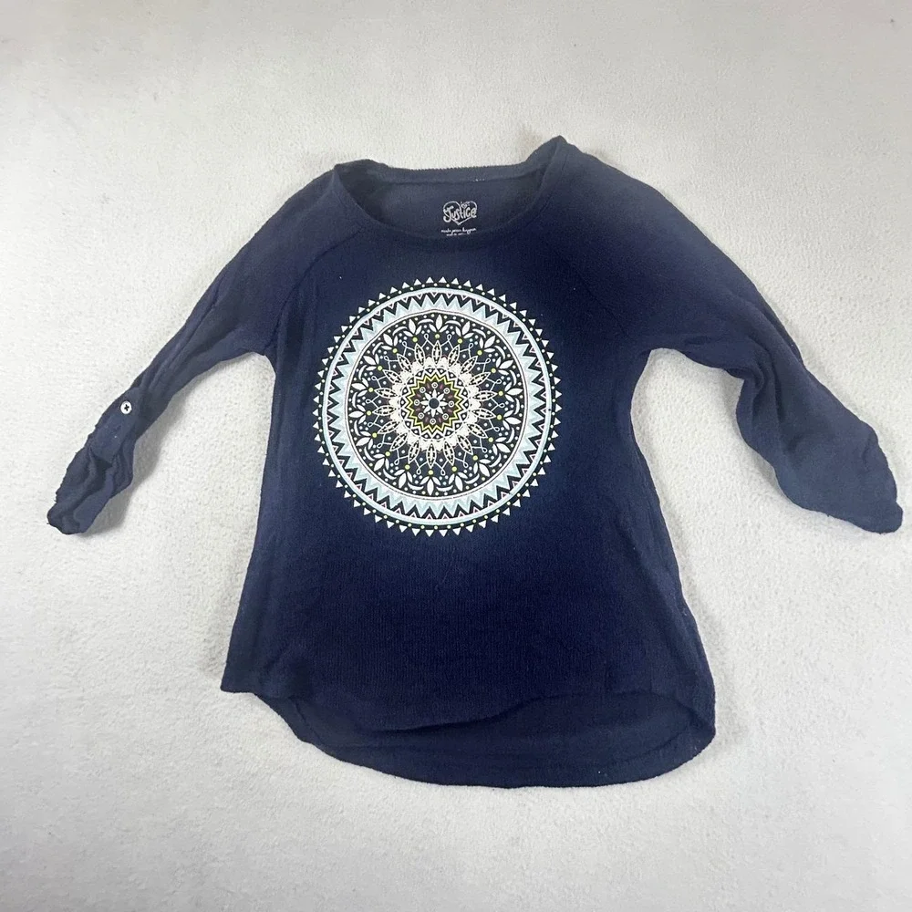 Justice Mandala Graphic T-Shirt Girls Size 8 Navy Blue Boho